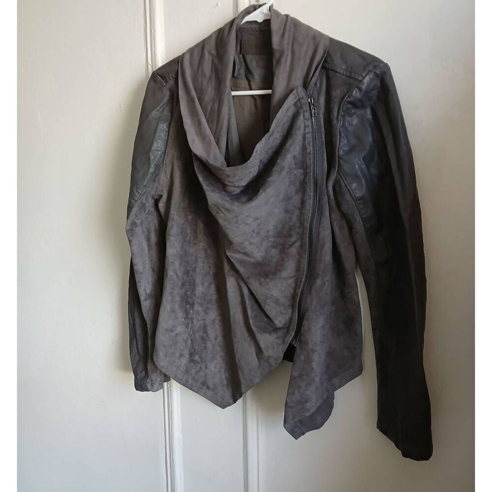 blank nyc womens medium leather dark gray wrap waterfall jacket